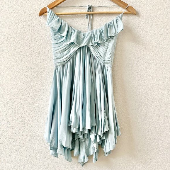 Free People Ruffle Halter Mini Dress Size Small Handkerchief Hem Blue - Picture 3 of 9